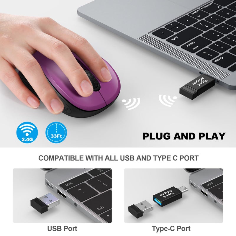WisFox 2.4G Wireless Mouse for Laptop, Ergonomic Computer Mouse with USB Receiver and Type-C Adapter, 3 Adjustable Levels, 6 Button Cordless Wireless Mice for Windows Mac PC Notebook (Purple) - Image 2